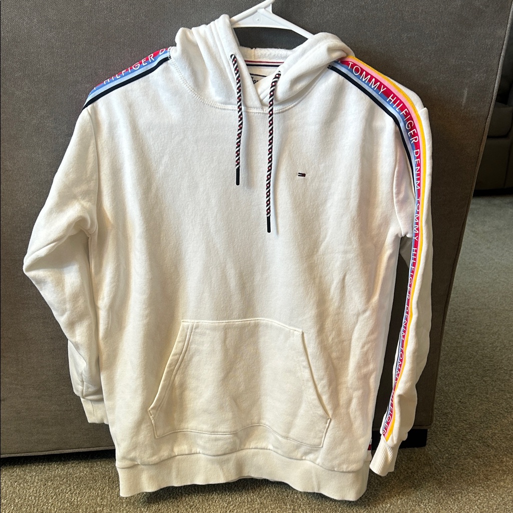 Tommy Hilfiger White Hoodie With Multicolor Logo Tape